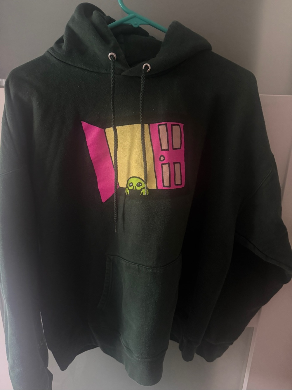 Black Hoodie with Neon Pink Door and Lime Accent Graphic